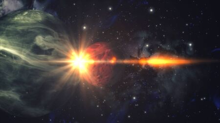 3d rendering. Meteorite crashing against planet earthの写真素材