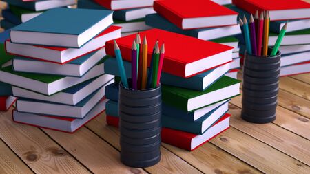 3d rendering. Pencils and booksの写真素材