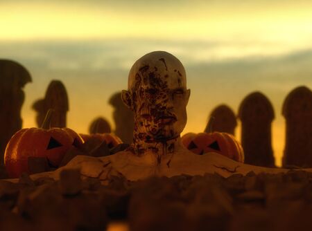 3d rendering Zombie and pumpkin in the cemeteryの写真素材