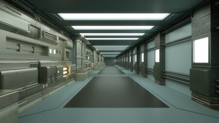 3d render. Futuristic spaceship scifi corridor architecture