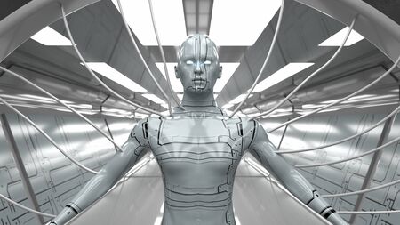 3d render. Futuristic scene and humanoid figureの写真素材