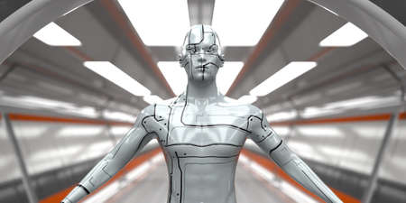 3d render. Futuristic scene and humanoid figureの写真素材