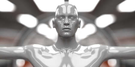 3d render. Futuristic scene and humanoid figureの写真素材