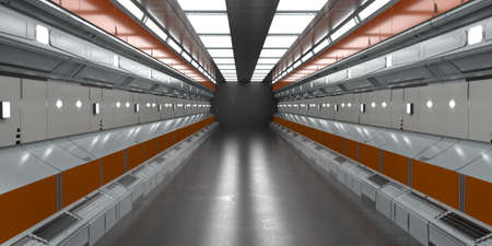 3d render. Futuristic hallway. Concept of modern architecture and interior spaceshipの写真素材