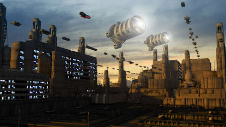 3d rendering. Futuristic city and spaceshipsの写真素材