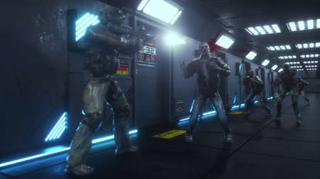 3d render zombie attack and futuristic roomの写真素材