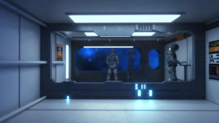 3d render. Futuristic hallway. Concept of modern architecture and interior spaceshipの写真素材
