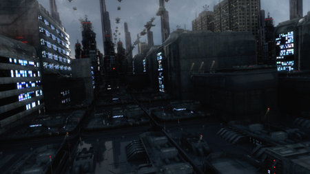 3d rendering. Futuristic city and spaceshipsの写真素材