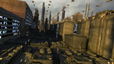 3d rendering. Futuristic city and spaceshipsの写真素材