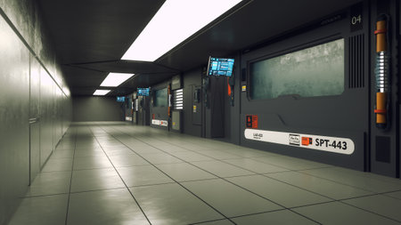 3d render. Futuristic hallway. Concept of modern architecture and interior spaceshipの写真素材