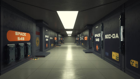 3d render. Futuristic hallway. Concept of modern architecture and interior spaceshipの写真素材