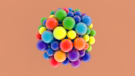 3d render. Abstract of spheres of different colors and sizesの写真素材