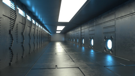 3d render. Futuristic hallway. Concept of modern architecture and interior spaceshipの写真素材