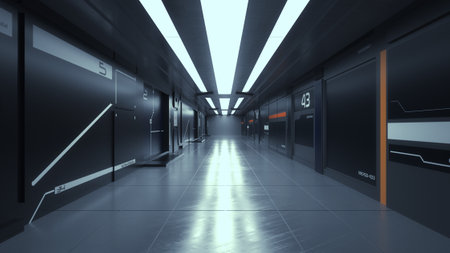 3d render. Futuristic hallway. Concept of modern architecture and interior spaceshipの写真素材