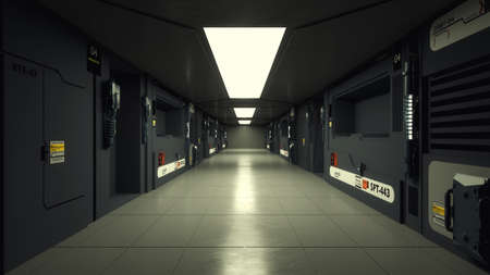3d render. Futuristic hallway. Concept of modern architecture and interior spaceshipの写真素材