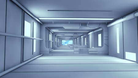 3d render. Futuristic hallway. Concept of modern architecture and interior spaceshipの写真素材