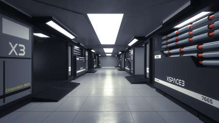 3d render. Futuristic hallway. Concept of modern architecture and interior spaceshipの写真素材