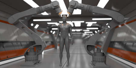 3d render. Futuristic scene and humanoid figureの写真素材