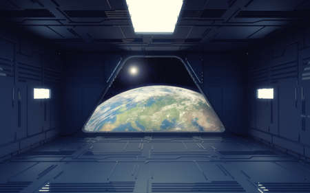 3d render. Futuristic interior and planetsの写真素材
