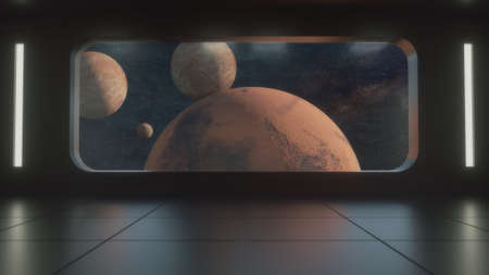 3d render. Futuristic interior and planets