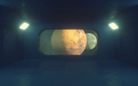 3d render. Futuristic interior and planets