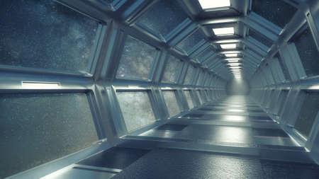 3d render. Futuristic hallway. Concept of modern architecture and interior spaceshipの写真素材