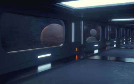 3d render. Futuristic interior and planetsの写真素材