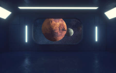 3d render. Futuristic interior and planetsの写真素材