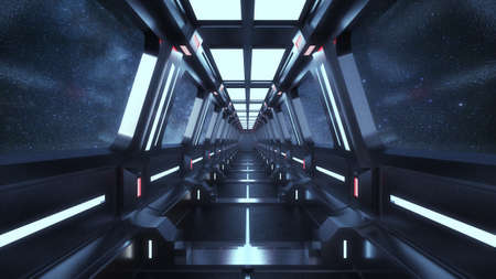 3d render. Futuristic hallway. Concept of modern architecture and interior spaceshipの写真素材