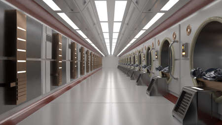 3d render. Futuristic hallway. Concept of modern architecture and interior spaceshipの写真素材