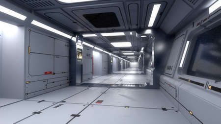 3d render. Futuristic hallway. Concept of modern architecture and interior spaceshipの写真素材