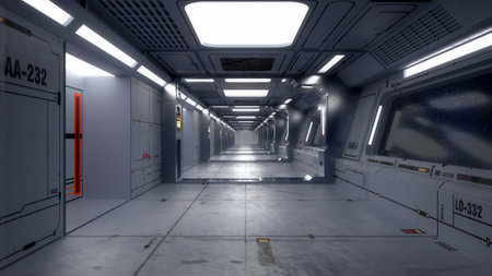 3d render. Futuristic spaceship corridor interior designの写真素材