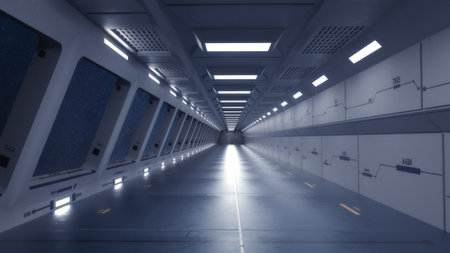 3d render. Futuristic spaceship corridor interior designの写真素材