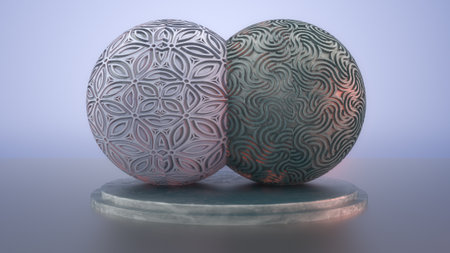 3d render. Fusion of two metal spheresの写真素材