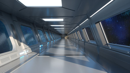 3d render. Futuristic spaceship corridor interior designの写真素材