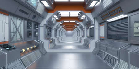 3d render. Futuristic spaceship corridor interior design