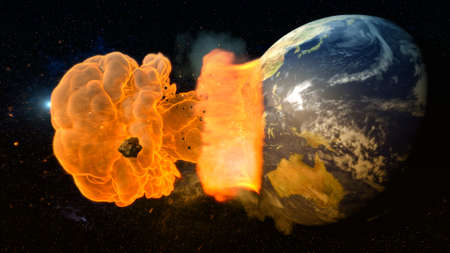 3d rendering. Meteorite crashing against planet earth