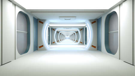 3d render. Futuristic spaceship corridor interior design