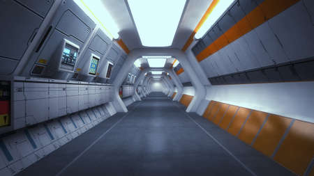 3d render. Futuristic spaceship corridor interior designの写真素材