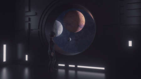 3d render. Futuristic interior and planetsの写真素材