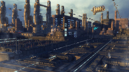3d rendering. Futuristic city and spaceshipsの写真素材