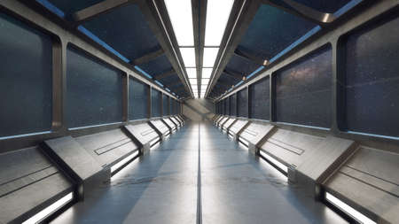 3d render. Futuristic hallway. Concept of modern architecture and interior spaceshipの写真素材