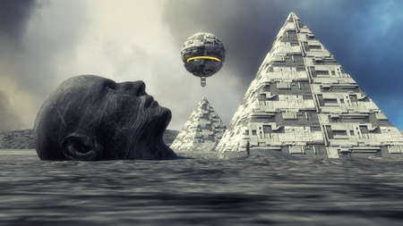 3d rendering. Futuristic unidentified flying object and pyramidの写真素材