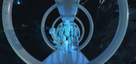 3d render. Futuristic space and humanoid