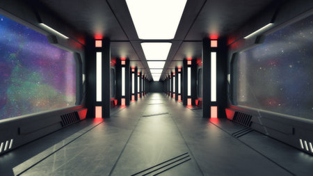 3d render. Futuristic spaceship corridor interiorの写真素材
