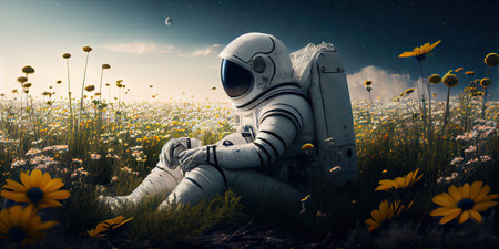 Astronaut sitting on a planet with flowers. Generative AIの素材