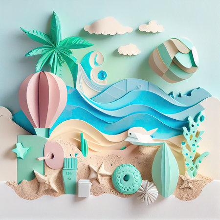 Abstract paper art of summer seascape. Illustration. Generative AIの素材
