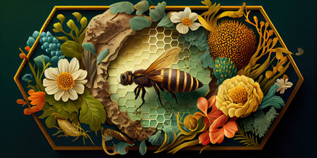 Bee pollinating on a colorful honeycomb. Generative AIの素材