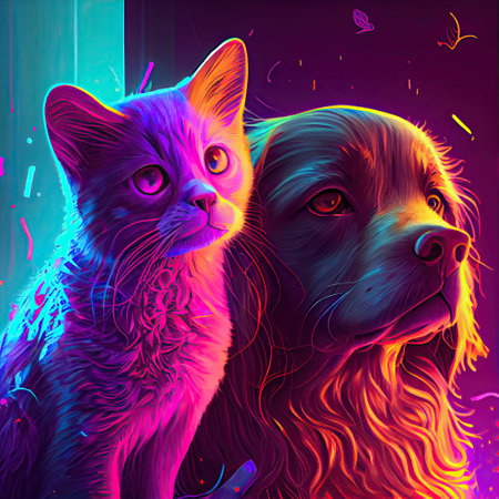 Dog and cat neon color. Illustration. Generative AIの素材