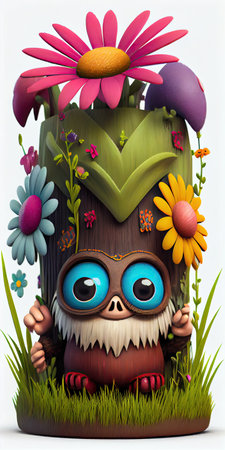 Little monster totem surrounded by flowers and grass. Generative AIの素材